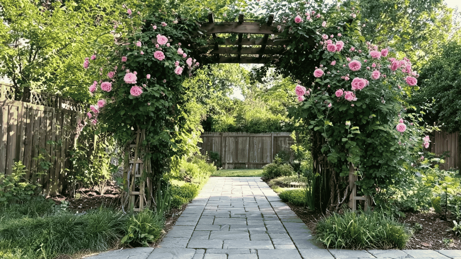 garden arch covered with blooming pink roses above a stone walkway in a backyard