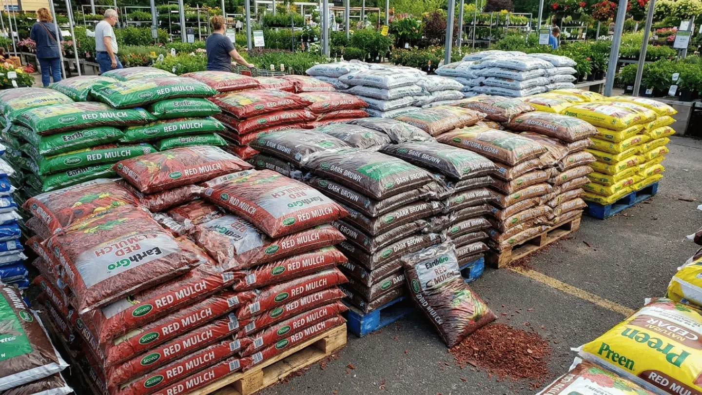 garden center display with stacked mulch and soil bags on wooden pallets while shoppers browse plants outdoors