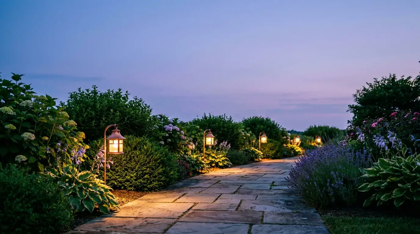 Stone garden path with lanterns and lush greenery at dusk under clear sky
