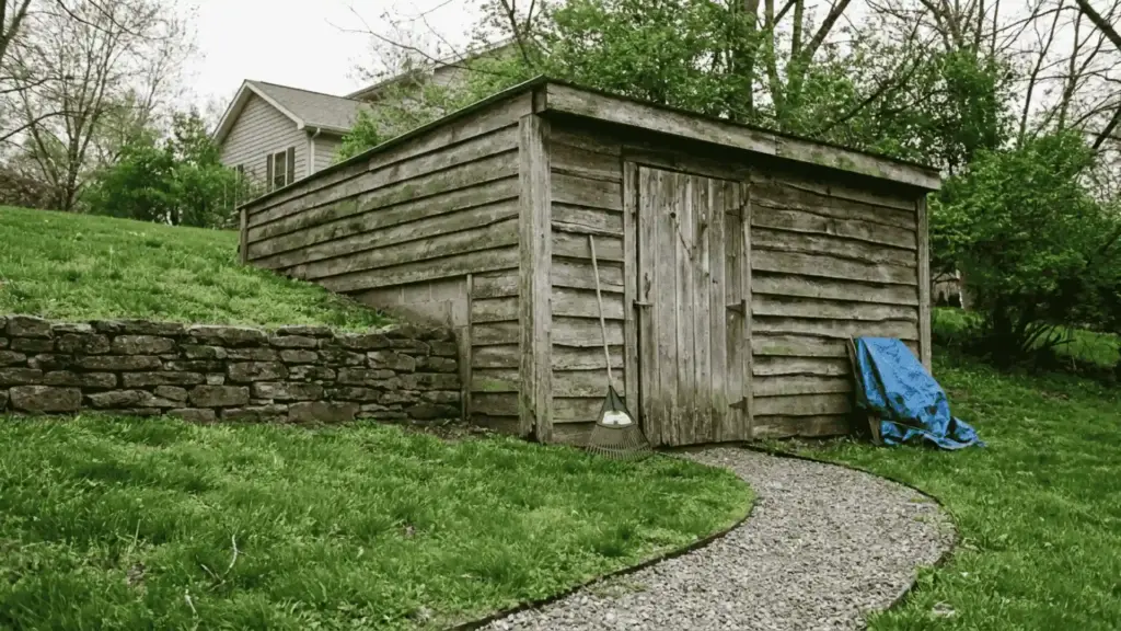 wooden storage shed built into a backyard hillside with a retaining wall beside it