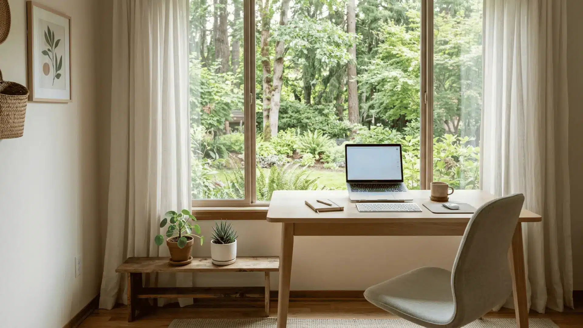 calm home office with wood desk laptop soft chair potted plants sheer curtains and a leafy garden view