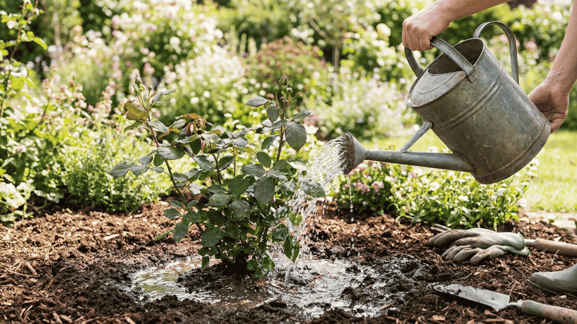 Gardener deeply watering a newly planted rose bush with a metal watering can in a sunny flower garden, soaking the soil around the roots to help the plant settle and grow.