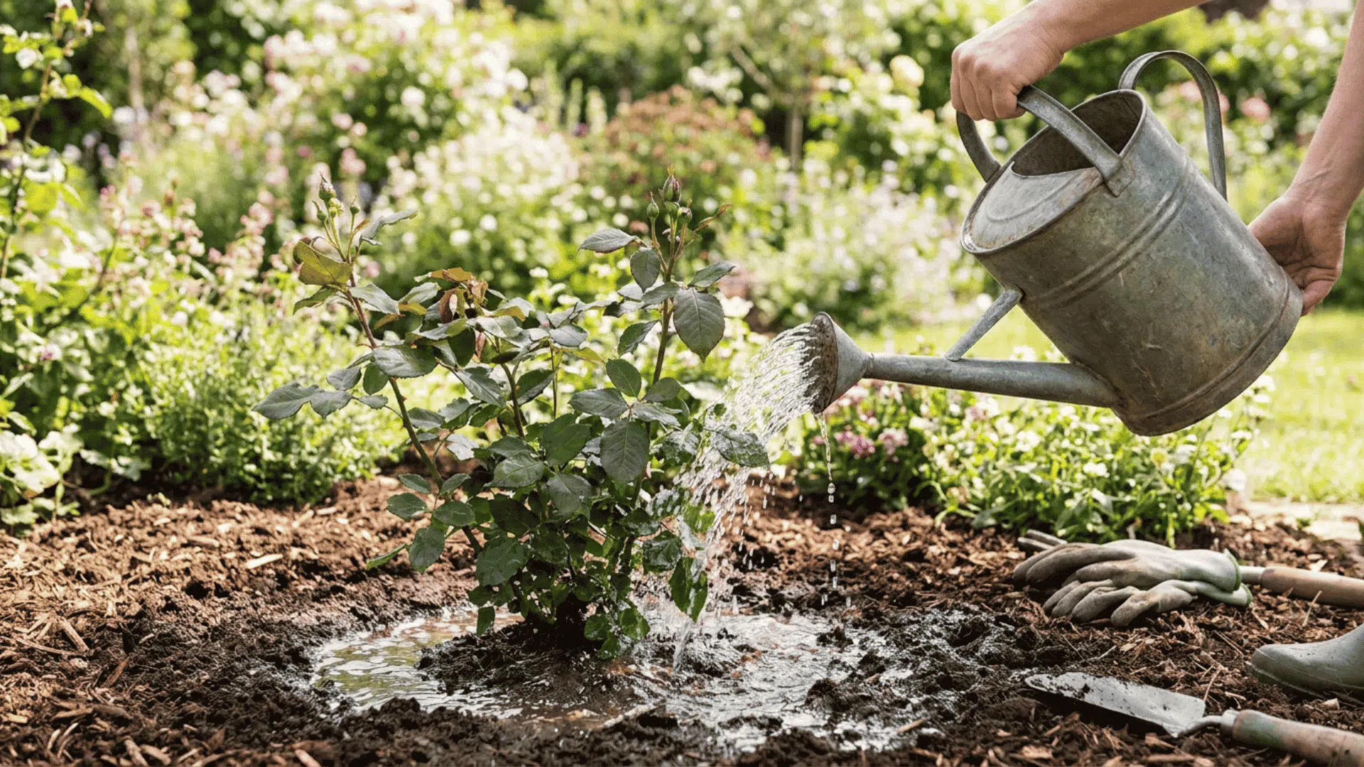 Gardener deeply watering a newly planted rose bush with a metal watering can in a sunny flower garden, soaking the soil around the roots to help the plant settle and grow.