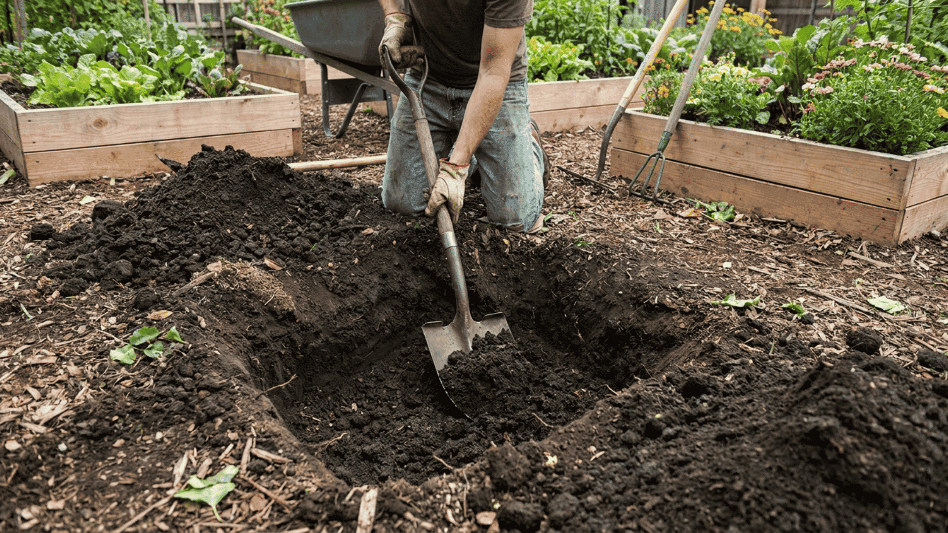 Gardener digging a large hole in a backyard vegetable garden surrounded by raised beds, tools, and fresh soil.