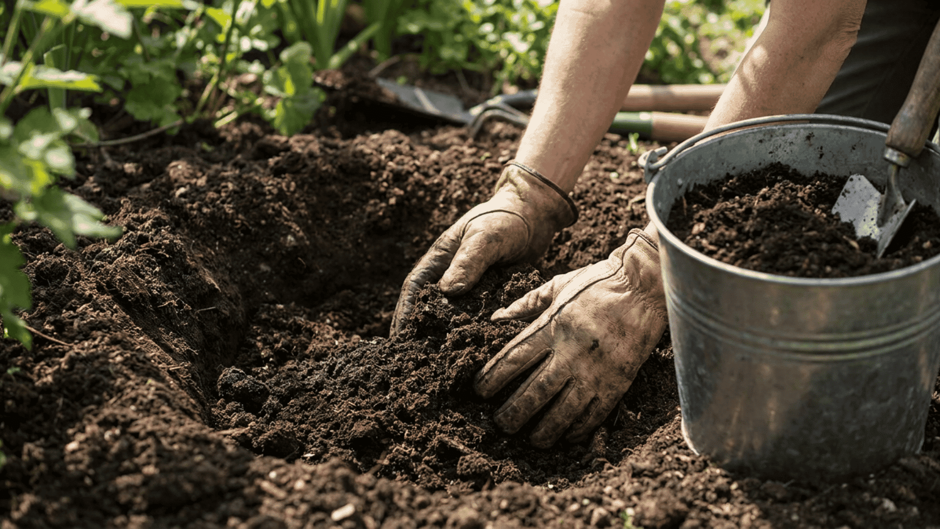 Gardener filling fertilizer into a freshly dug hole in a backyard garden using gloved hands and gardening tools