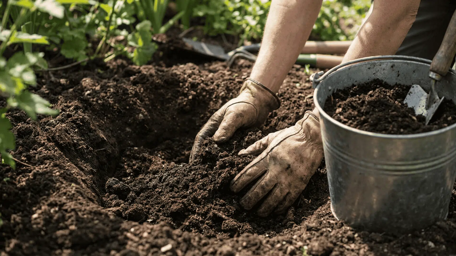 Gardener filling fertilizer into a freshly dug hole in a backyard garden using gloved hands and gardening tools