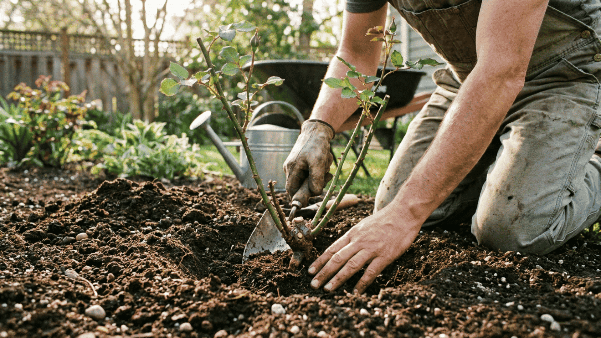 Gardener planting a young rose bush in freshly prepared soil, carefully positioning the plant and covering the roots in a sunny backyard garden