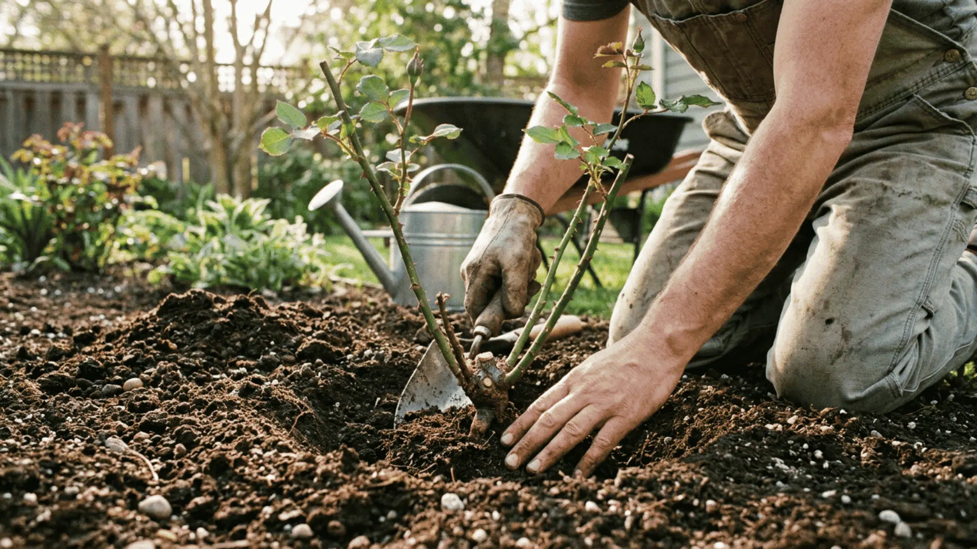 Gardener planting a young rose bush in freshly prepared soil, carefully positioning the plant and covering the roots in a sunny backyard garden