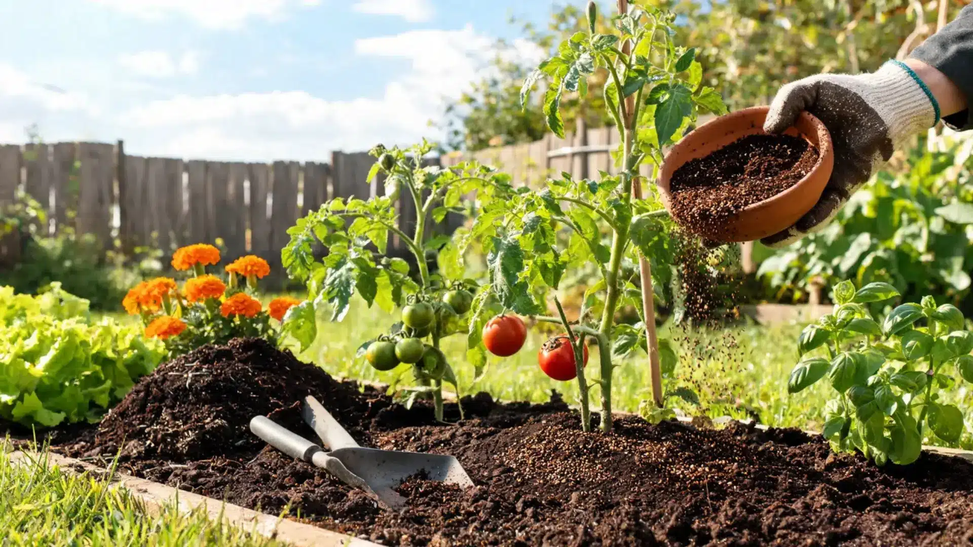 Gardener pouring coffee grounds onto soil near tomato and basil plants