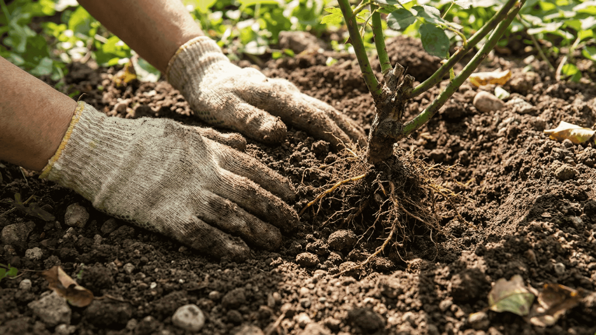 Gardener wearing gloves carefully spreading the roots of a rose plant into loose soil while planting in a garden bed, with exposed roots and fresh earth visible in natural sunlight..