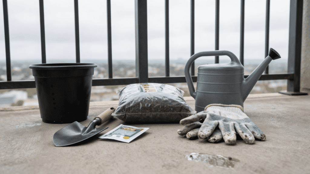 gardening supplies including a black pot trowel bag of soil seeds watering can and gloves are laid out on floor