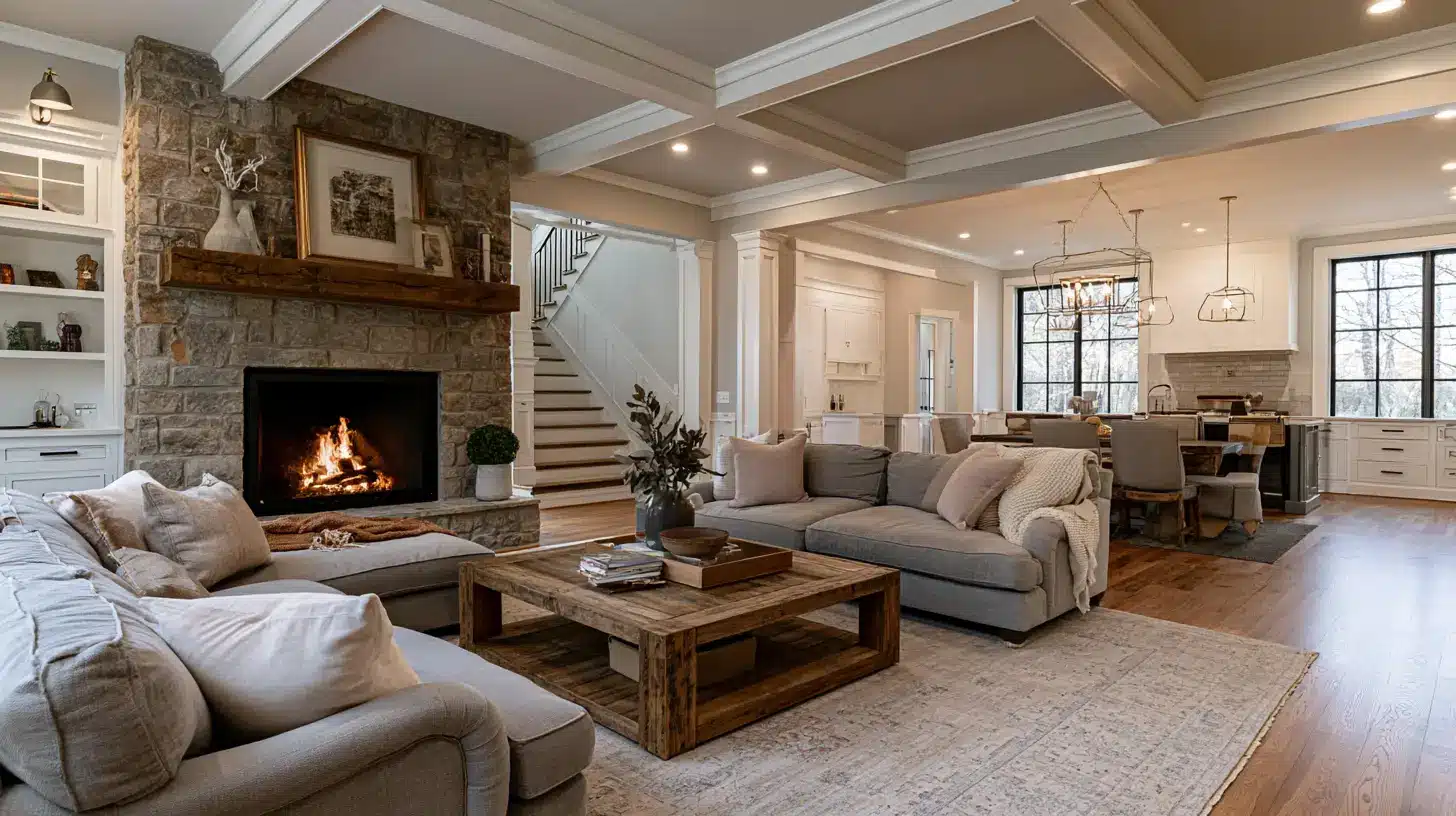 Cozy living room with stone fireplace, gray sofas, and wooden coffee table in open-concept home