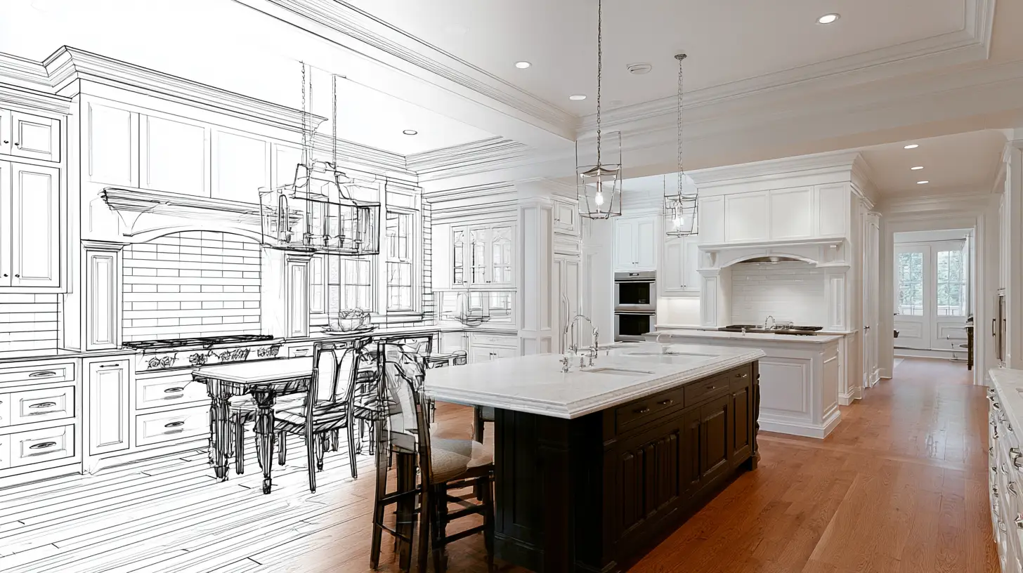 Half-rendered modern kitchen with island, pendant lights, and white cabinetry transitioning from sketch to reality