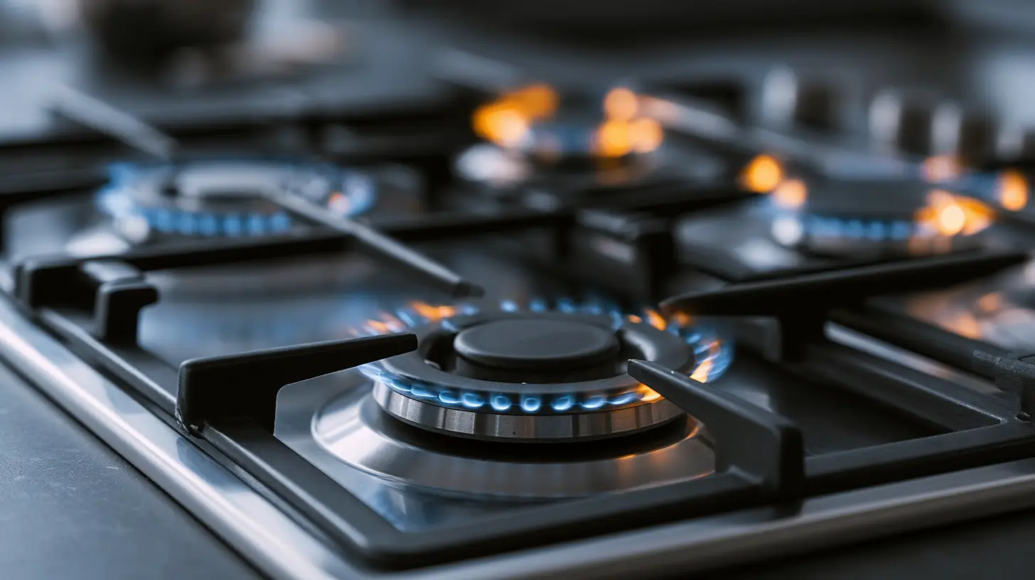 Gas stove burners with blue flame in modern kitchen setting