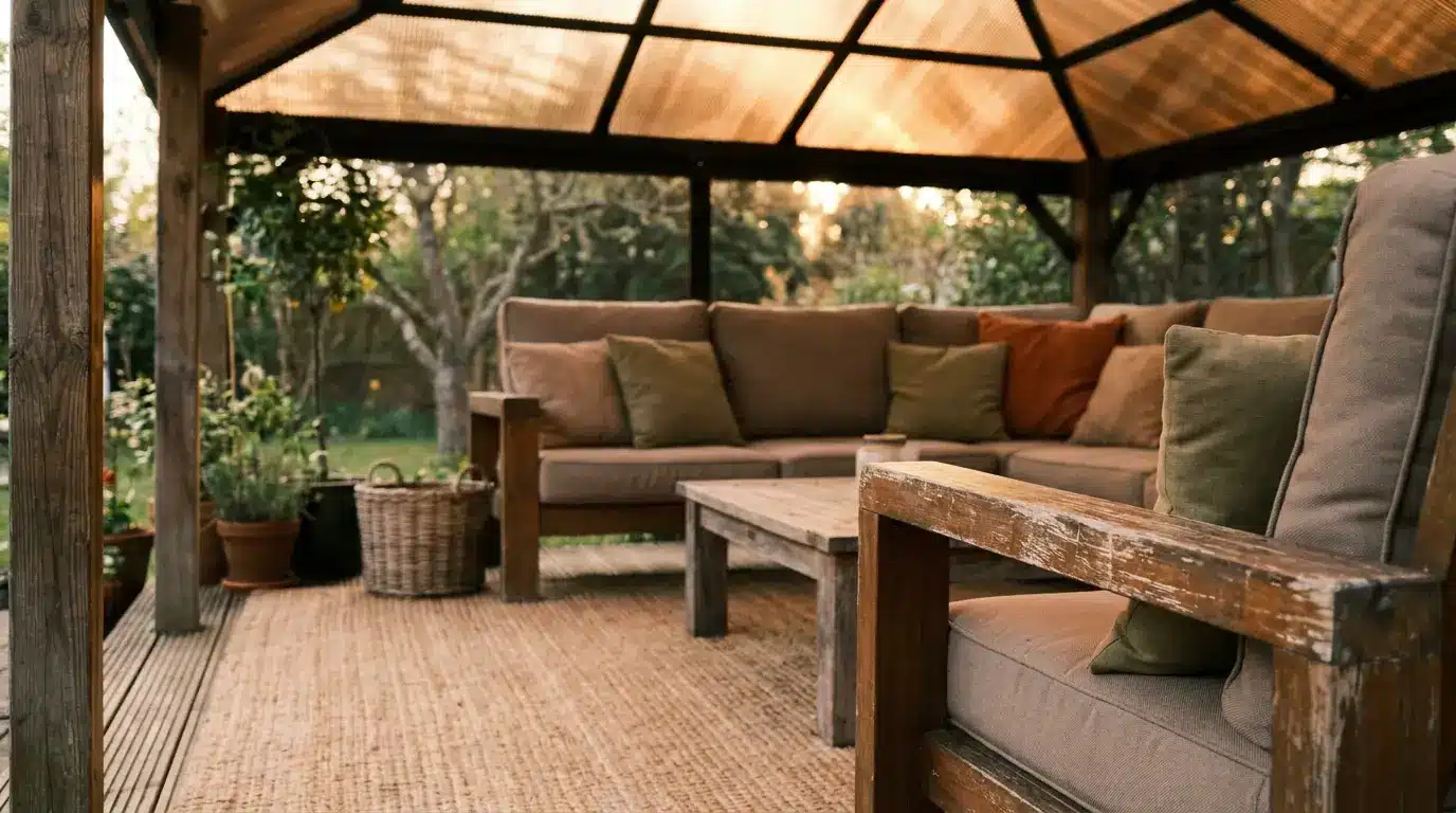 Cozy outdoor patio with cushioned seating, wooden furniture, and potted plants under warm lighting