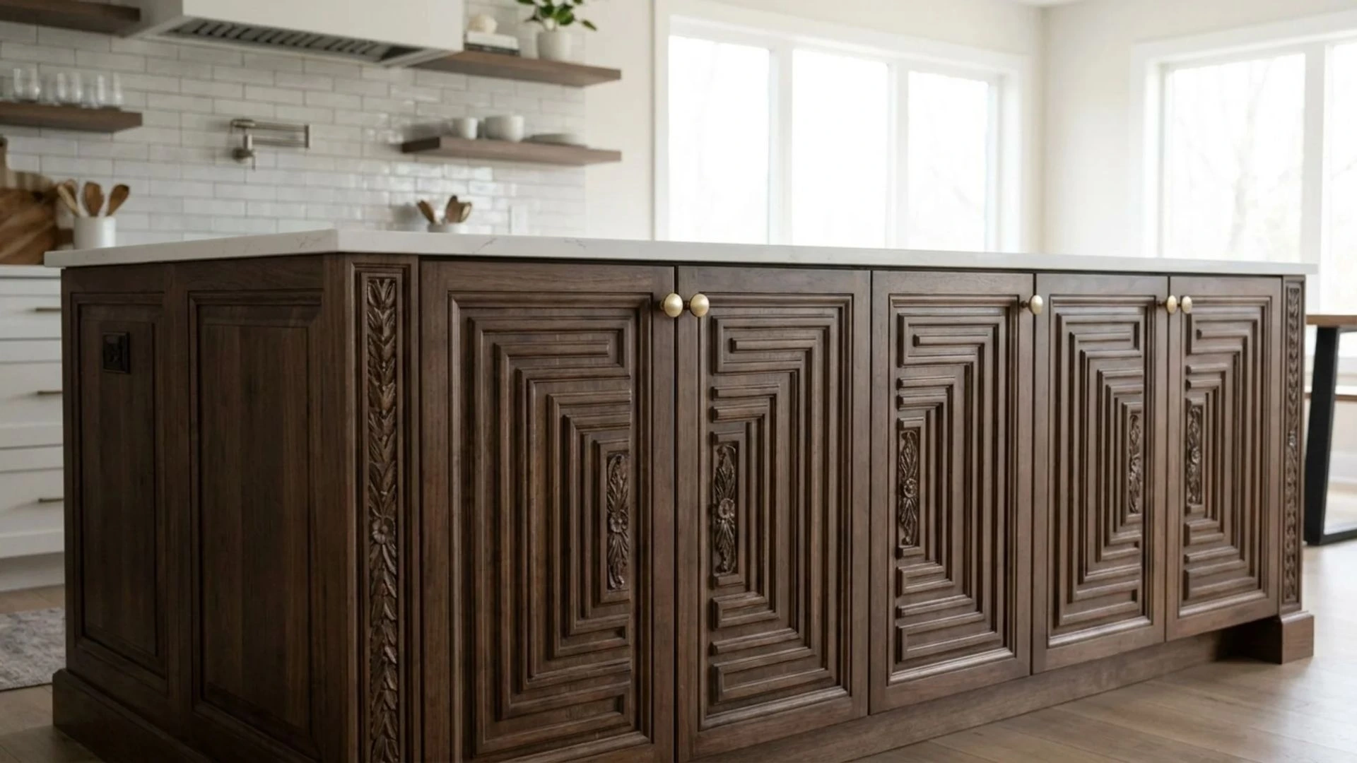 geometric routed cabinet doors with deep carved panels and floral details on dark wood island