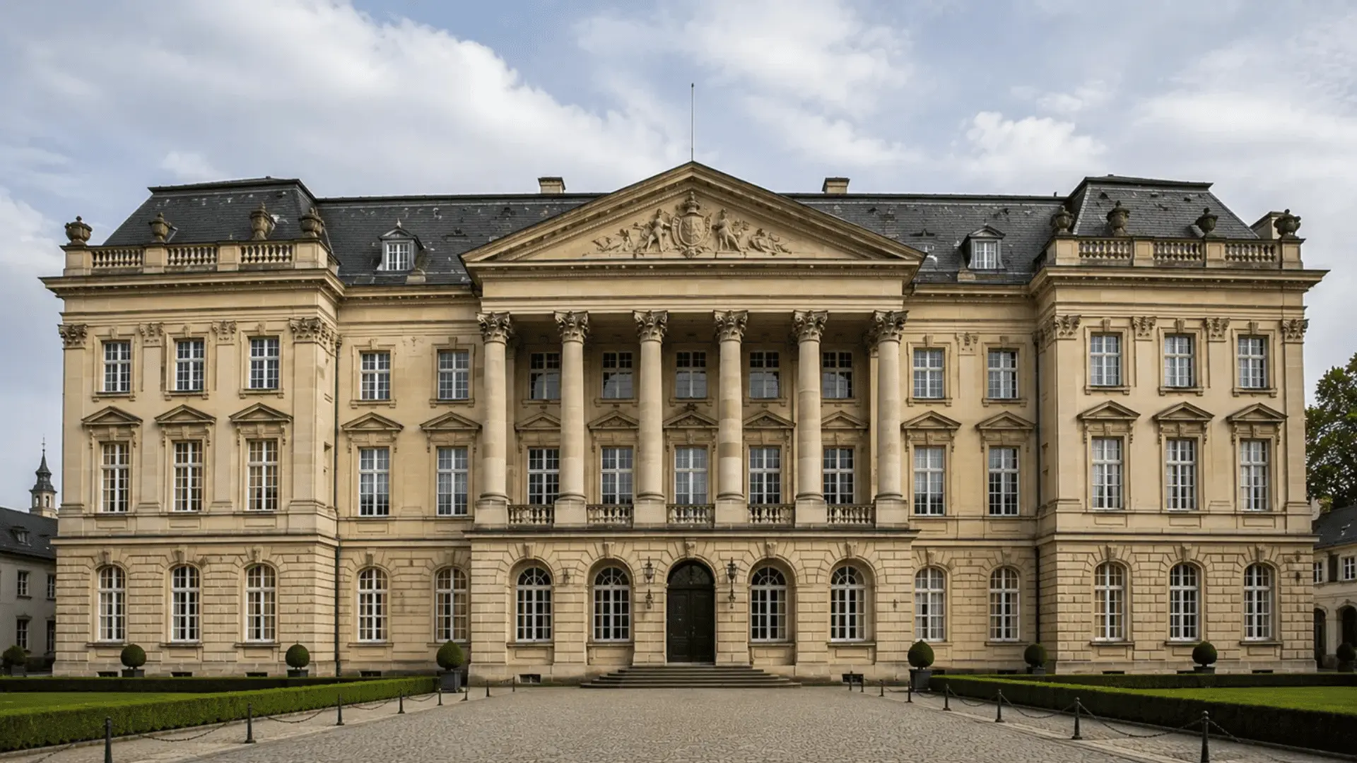 neoclassical palace facade with corinthian columns a pediment relief and a formal gravel courtyard
