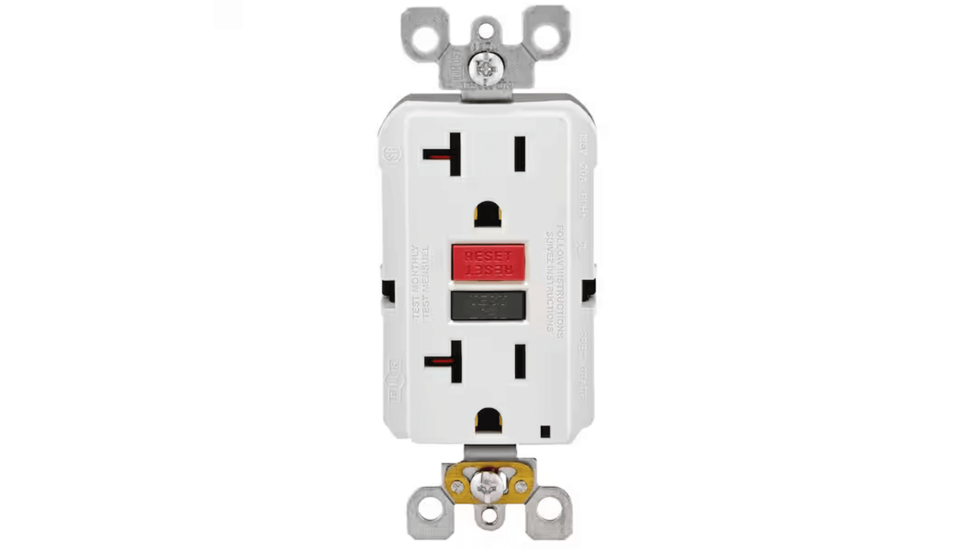 GFCI outlet in total white background with red and black reset and breaker switches in the middle