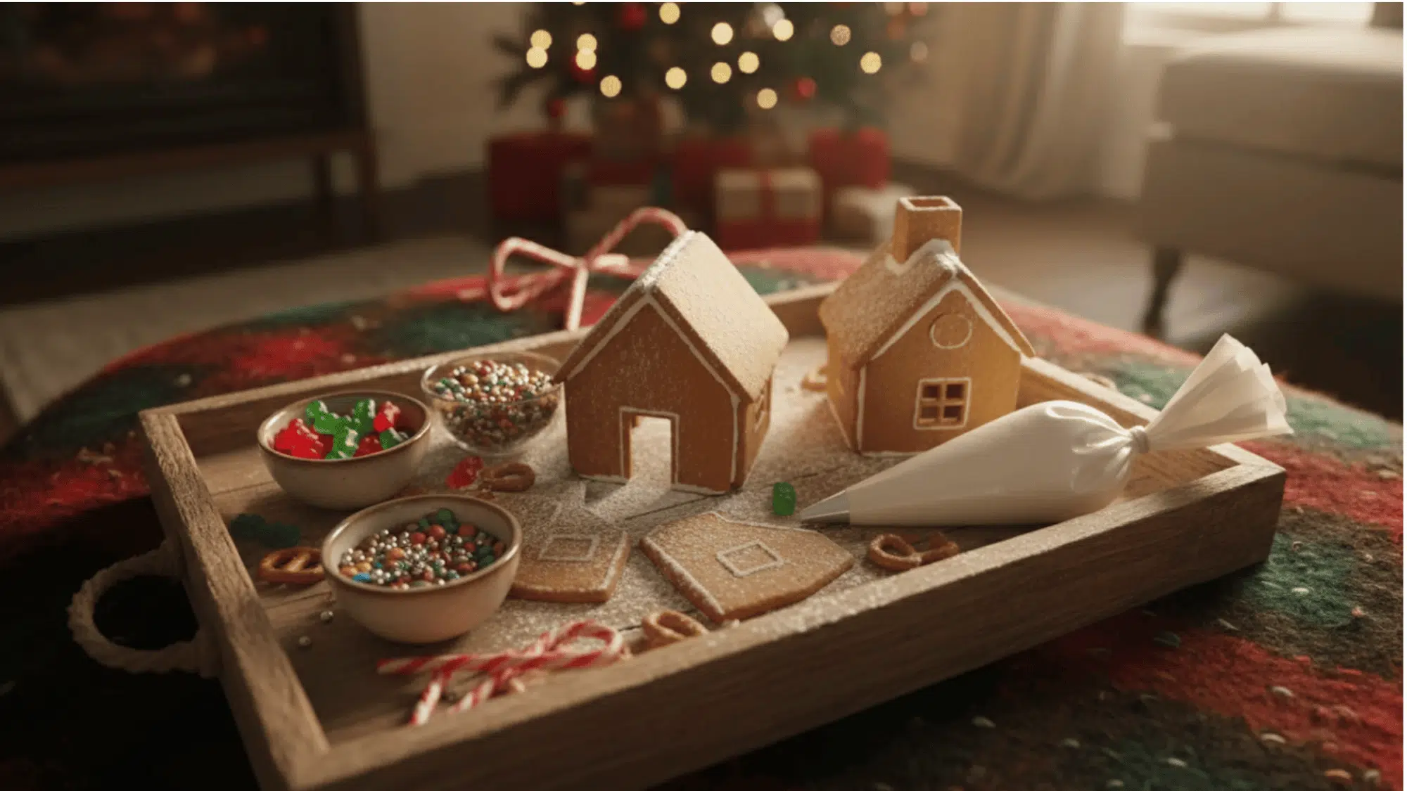 gingerbread house pieces, icing piping bag, and candy bowls on a wooden tray