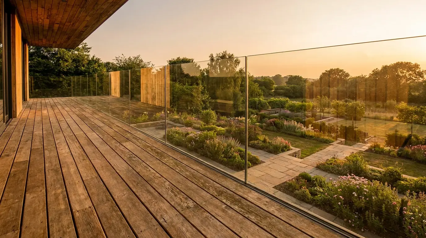 Wooden terrace with glass railing overlooking lush garden at sunset