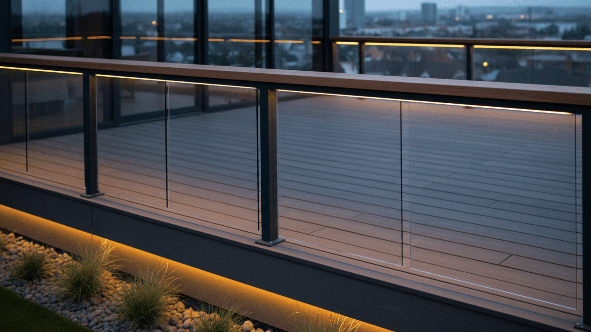 glass deck railing with warm lighting on a rooftop terrace overlooking a blurred city skyline at dusk