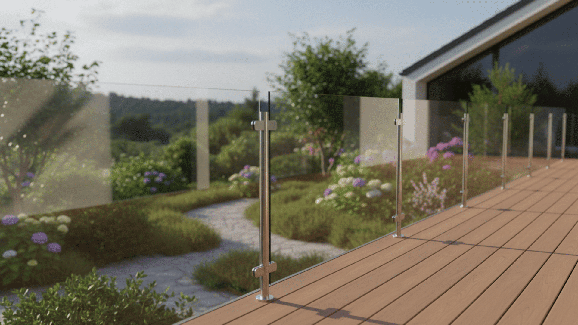 glass railing with metal posts along a wooden deck beside a modern home and landscaped garden