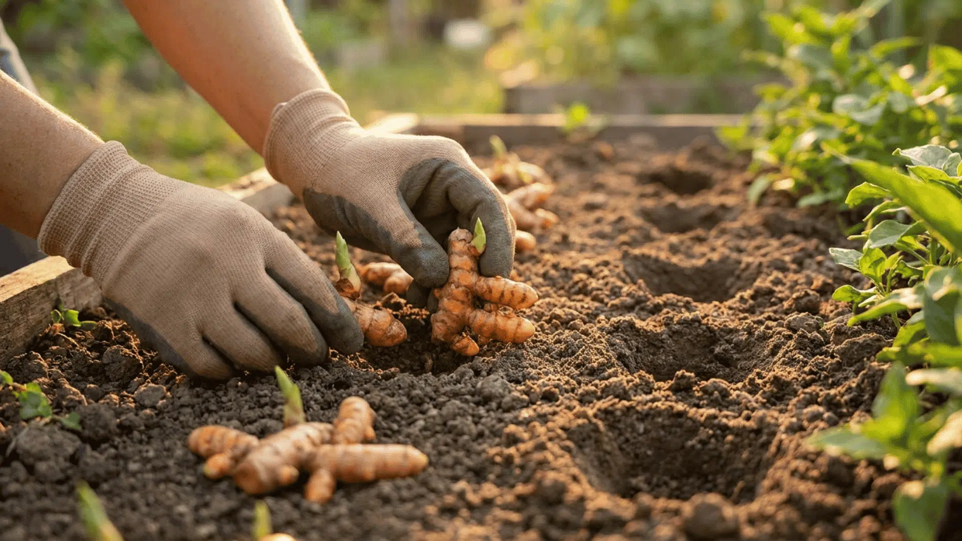 gloved hands planting sprouting turmeric roots in a garden bed with loose soil and green plants nearby (2)
