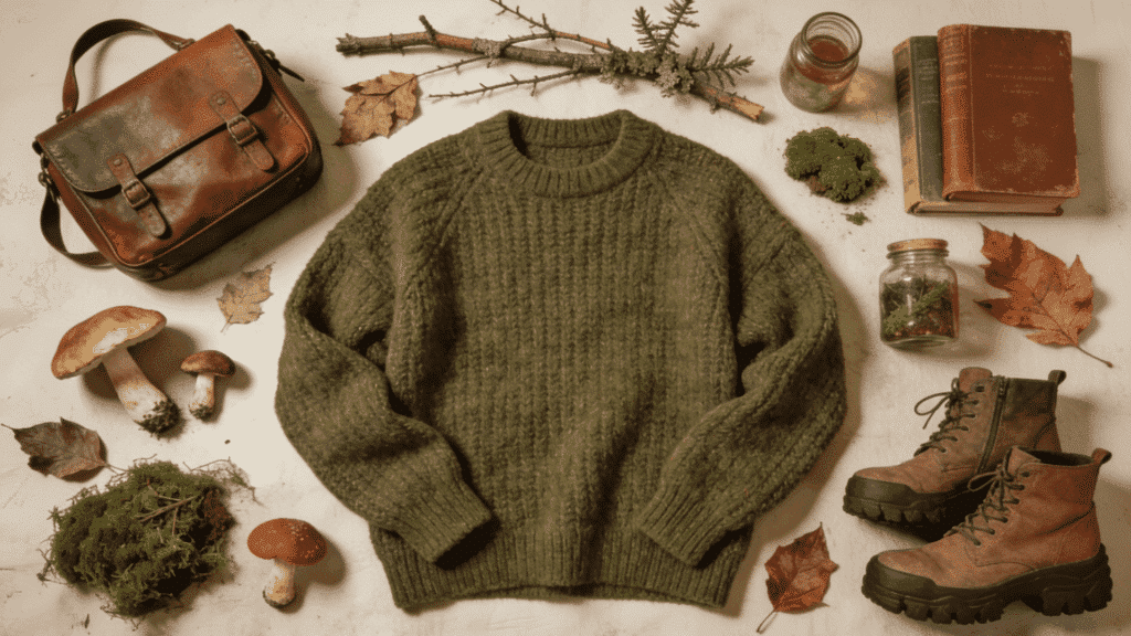 goblincore aesthetic with oversized knitwear earthy colors mushrooms and forest inspired accessories