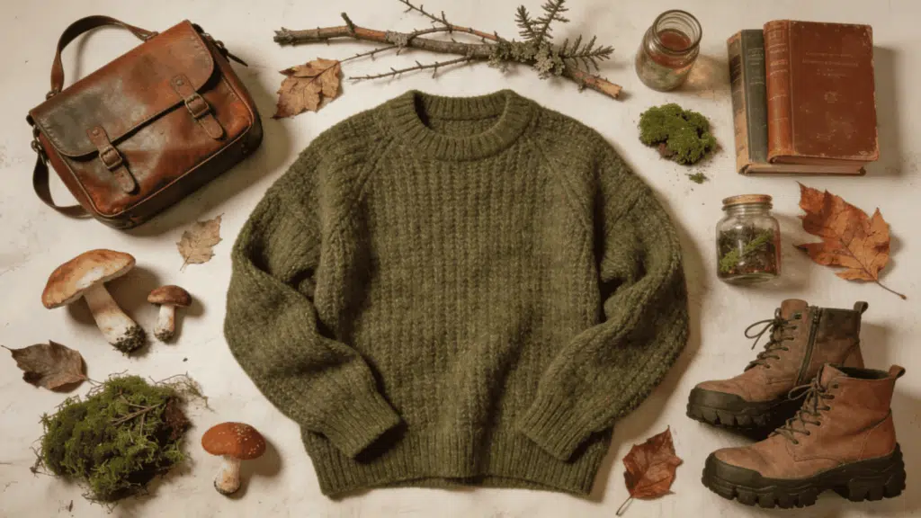 goblincore aesthetic with oversized knitwear earthy colors mushrooms and forest inspired accessories