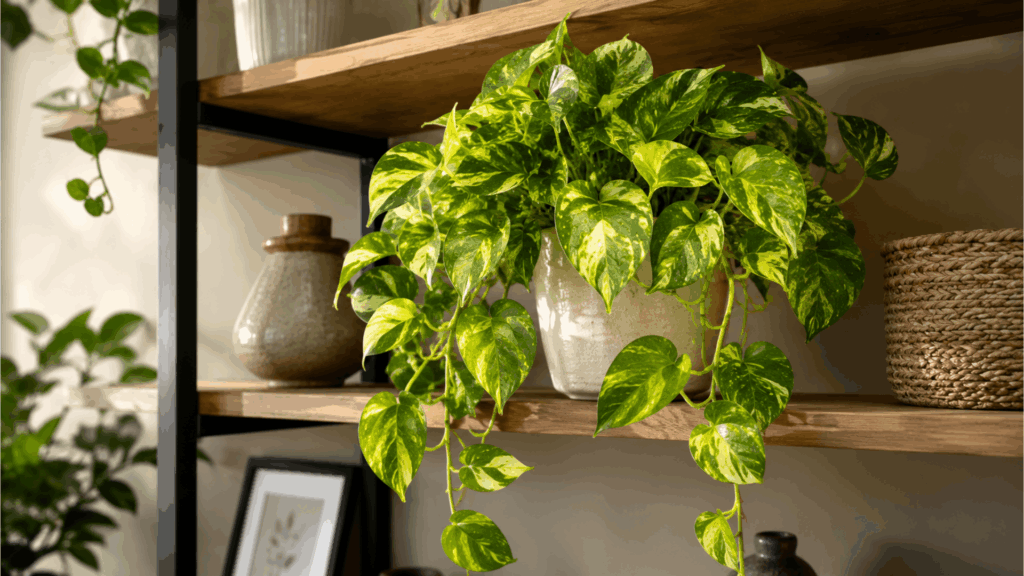 golden pothos plant with variegated green and yellow leaves trailing from wooden shelves in bright natural light indoors
