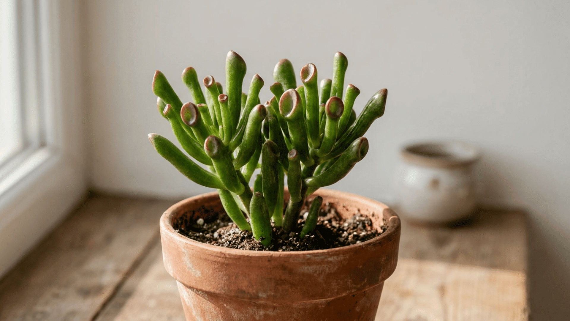 gollum jade plant with tubular finger shaped leaves in a small terracotta pot