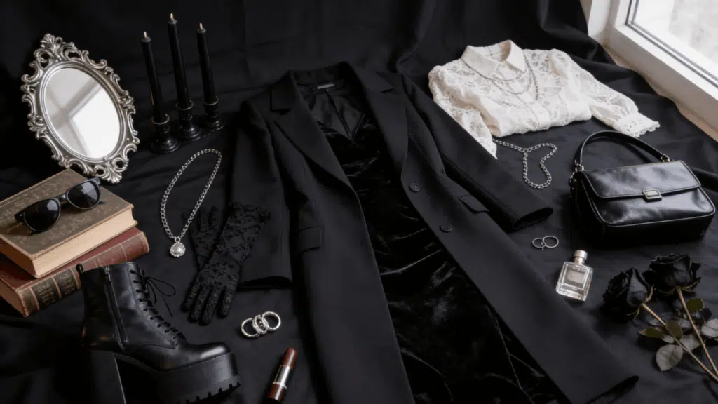 goth aesthetic featuring black velvet clothing lace details silver jewelry and leather boots