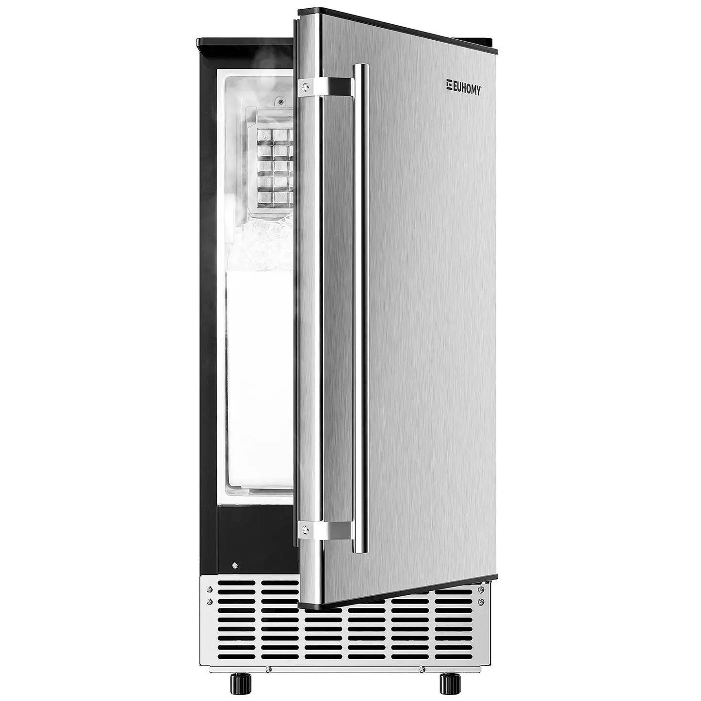Stainless steel ice maker with door slightly open in side view against white background