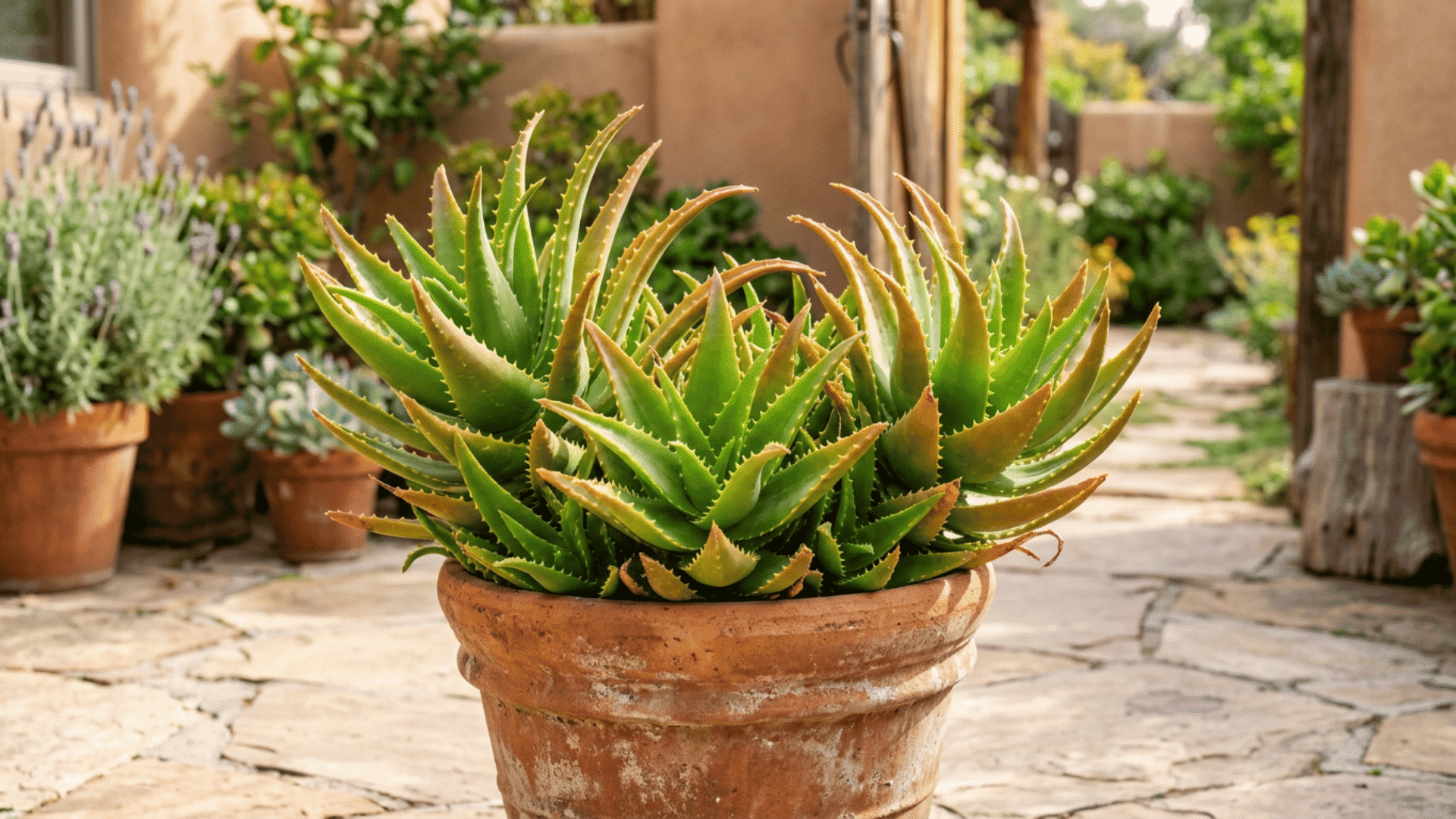 green aloe plant in a weathered terracotta pot on a stone patio surrounded by potted garden plants