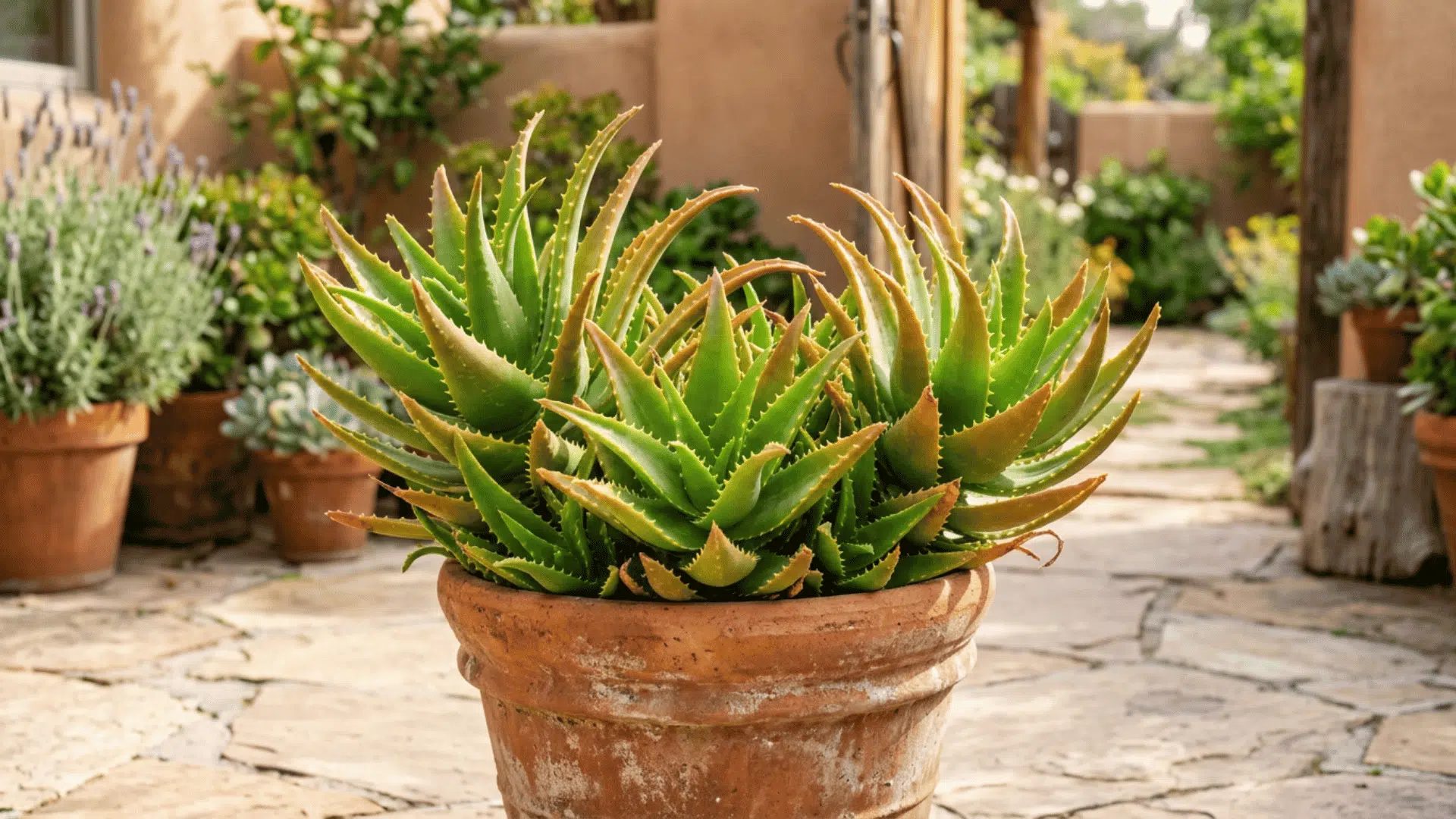 green aloe plant in a weathered terracotta pot on a stone patio surrounded by potted garden plants