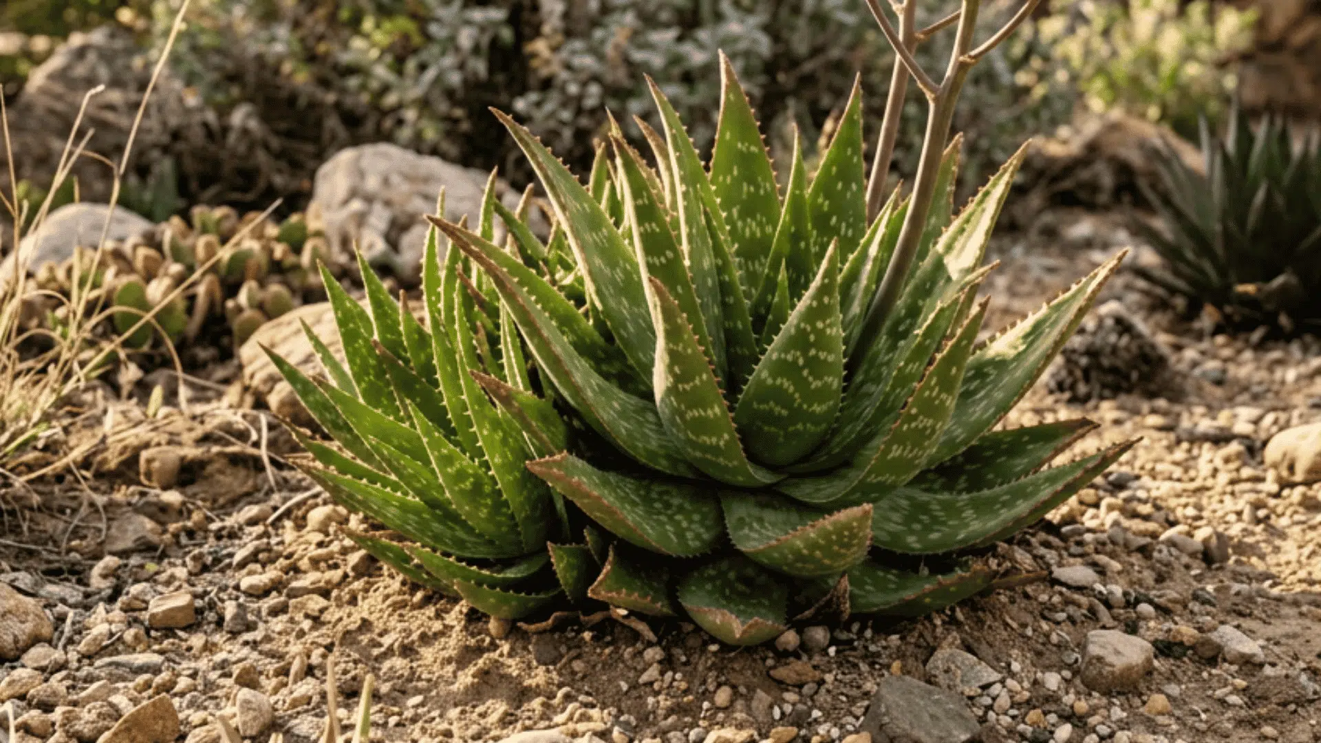 green aloe plant with tall orange flowers growing among rocks and desert shrubs in a sunny dry garden