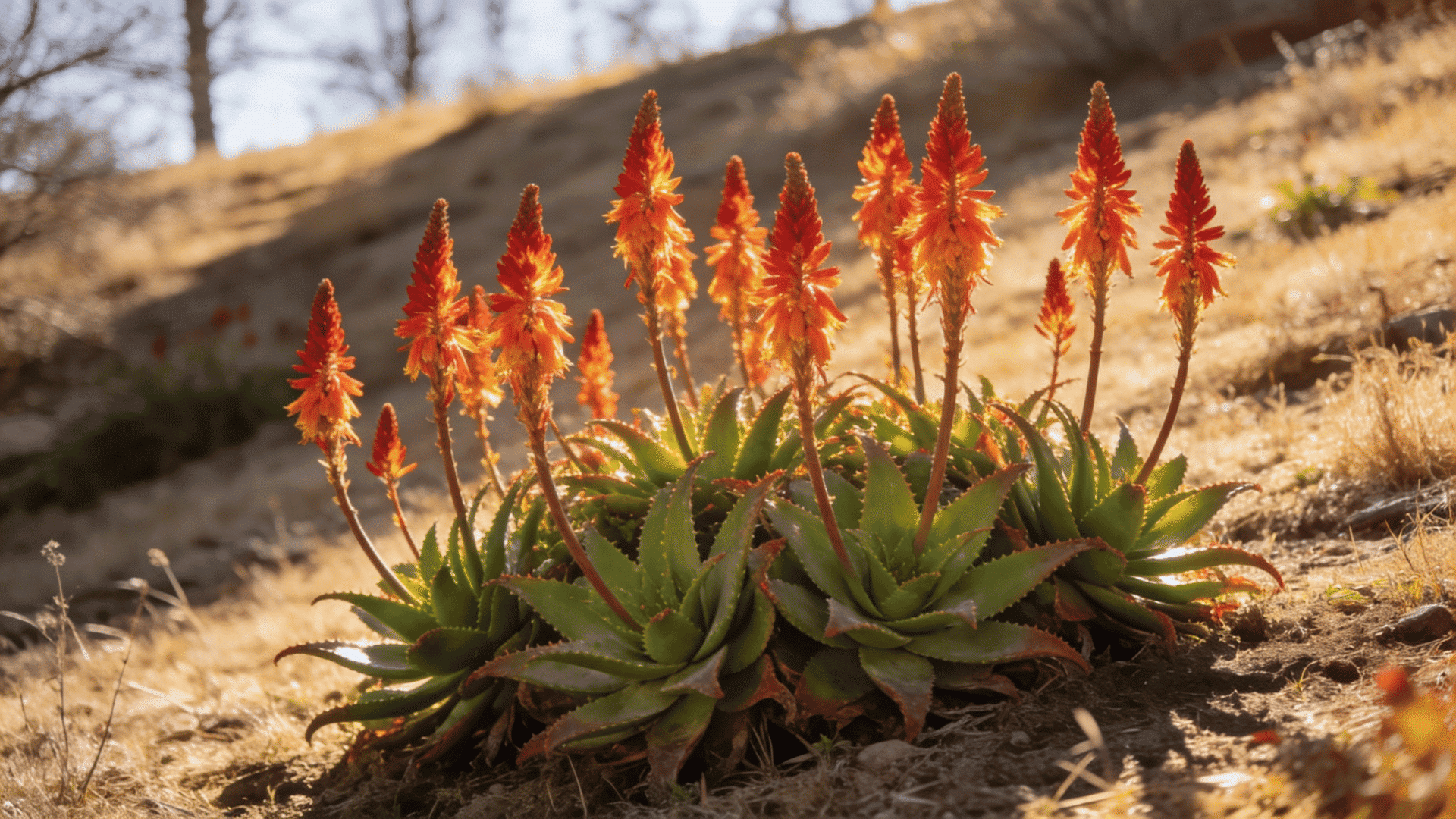 green aloe plants with glowing orange flower spikes growing on a dry hillside in warm afternoon sunlight