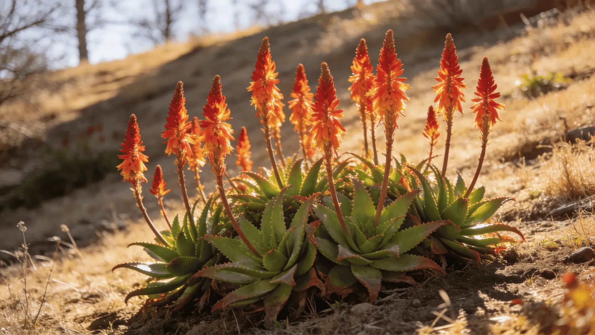 green aloe plants with glowing orange flower spikes growing on a dry hillside in warm afternoon sunlight