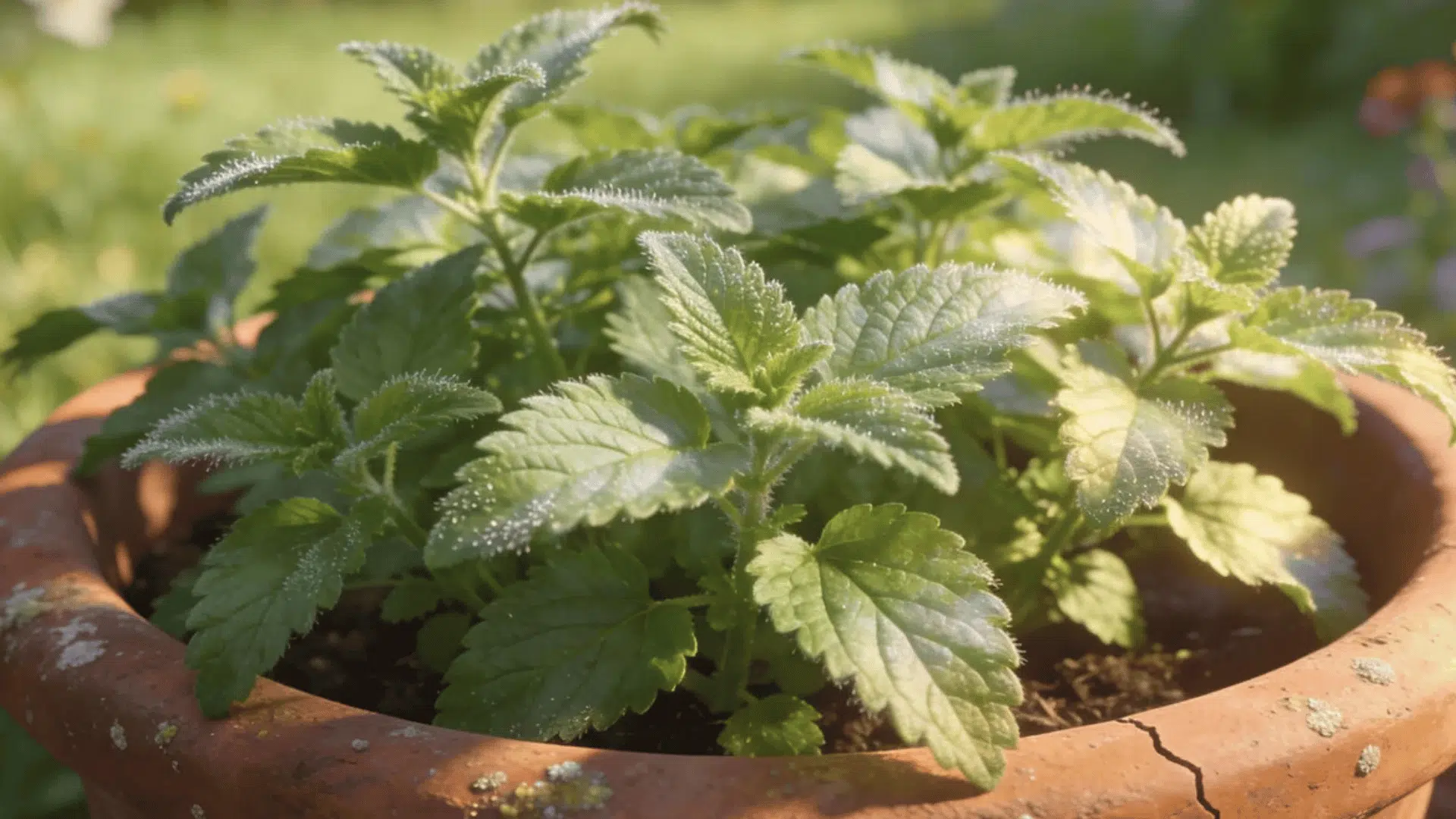 green herb plant growing in a clay pot with soft sunlight shining across garden leaves