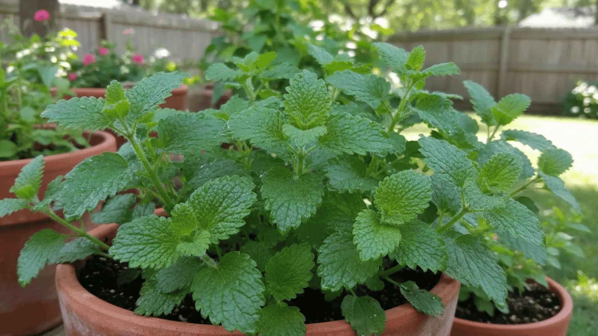 green mint plant growing in clay pots on a sunny backyard garden table