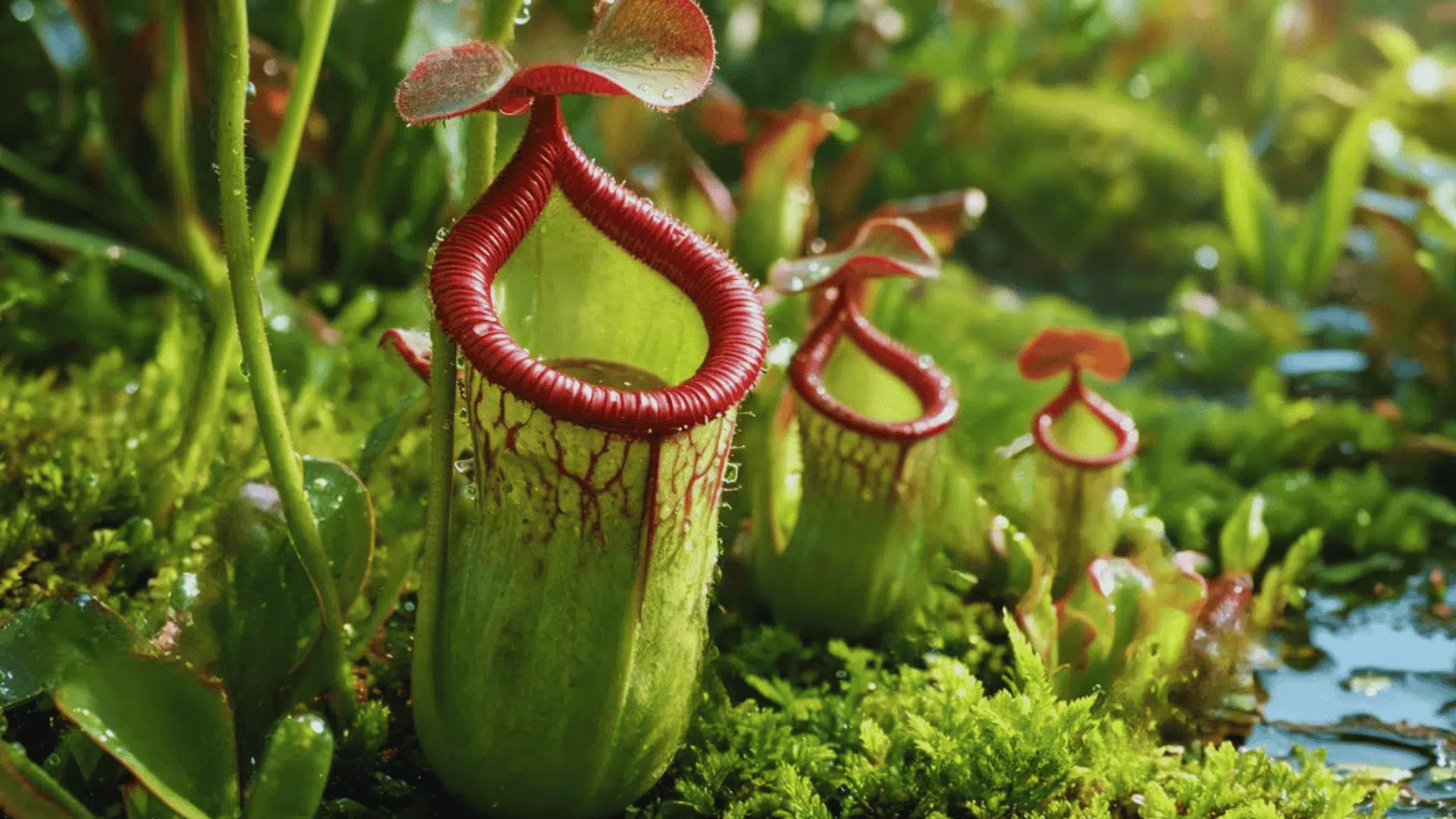 green pitcher plants covered with water drops growing beside moss and shallow water
