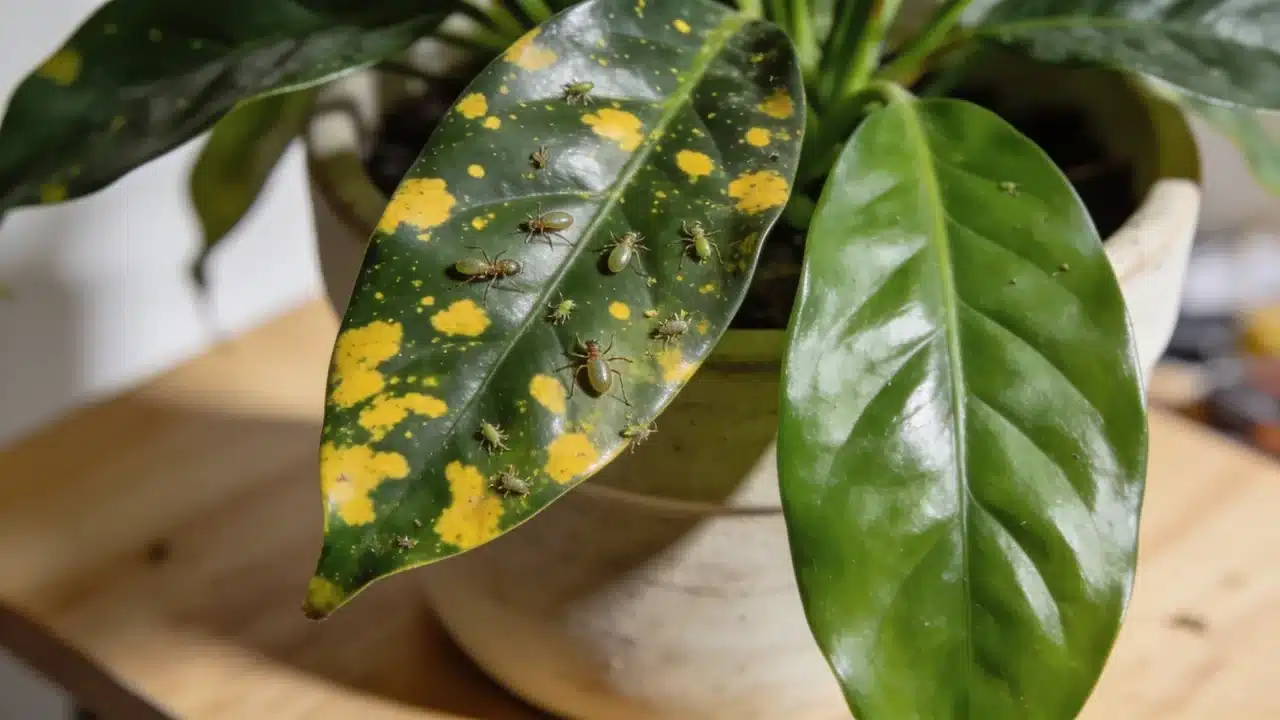 green plant leaf with yellow spots and small insects beside a healthy green leaf