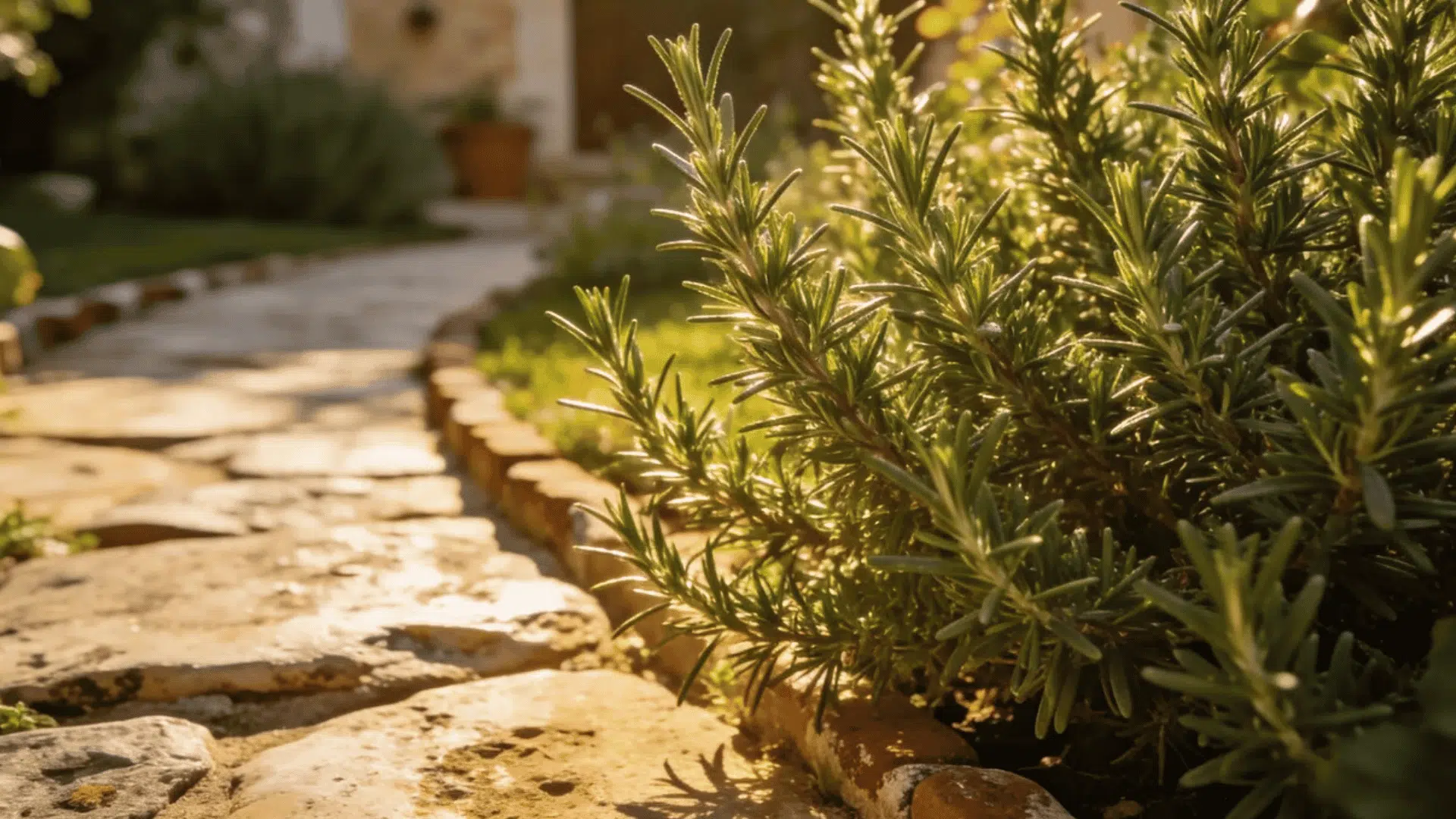 green rosemary herb growing beside a stone garden path in soft golden sunlight