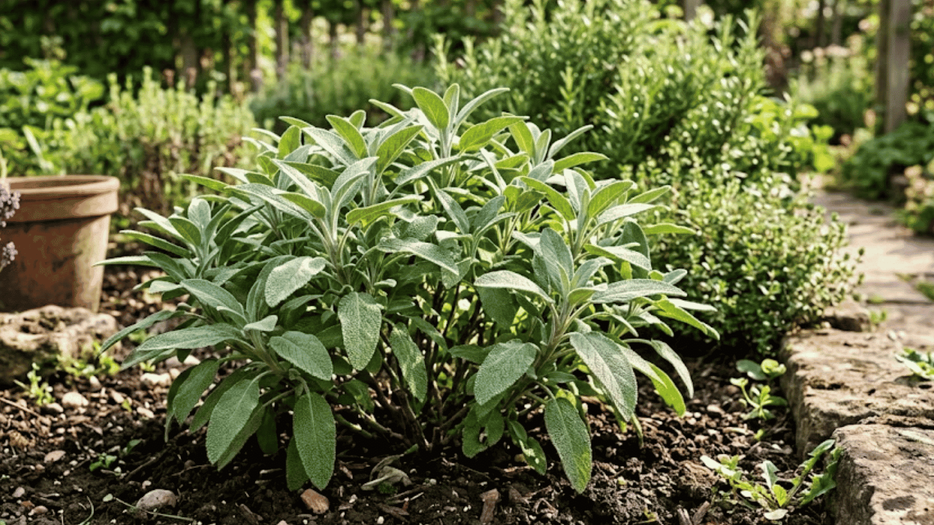 green sage plant growing in a sunny garden bed surrounded by herbs and stone borders
