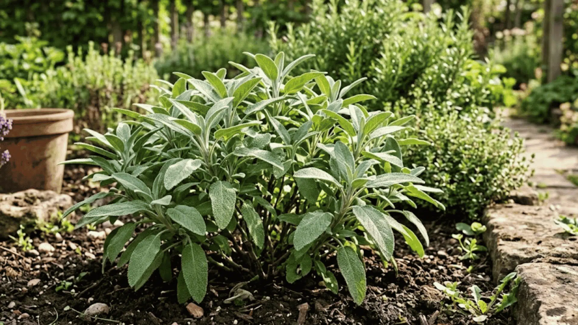 green sage plant growing in a sunny garden bed surrounded by herbs and stone borders