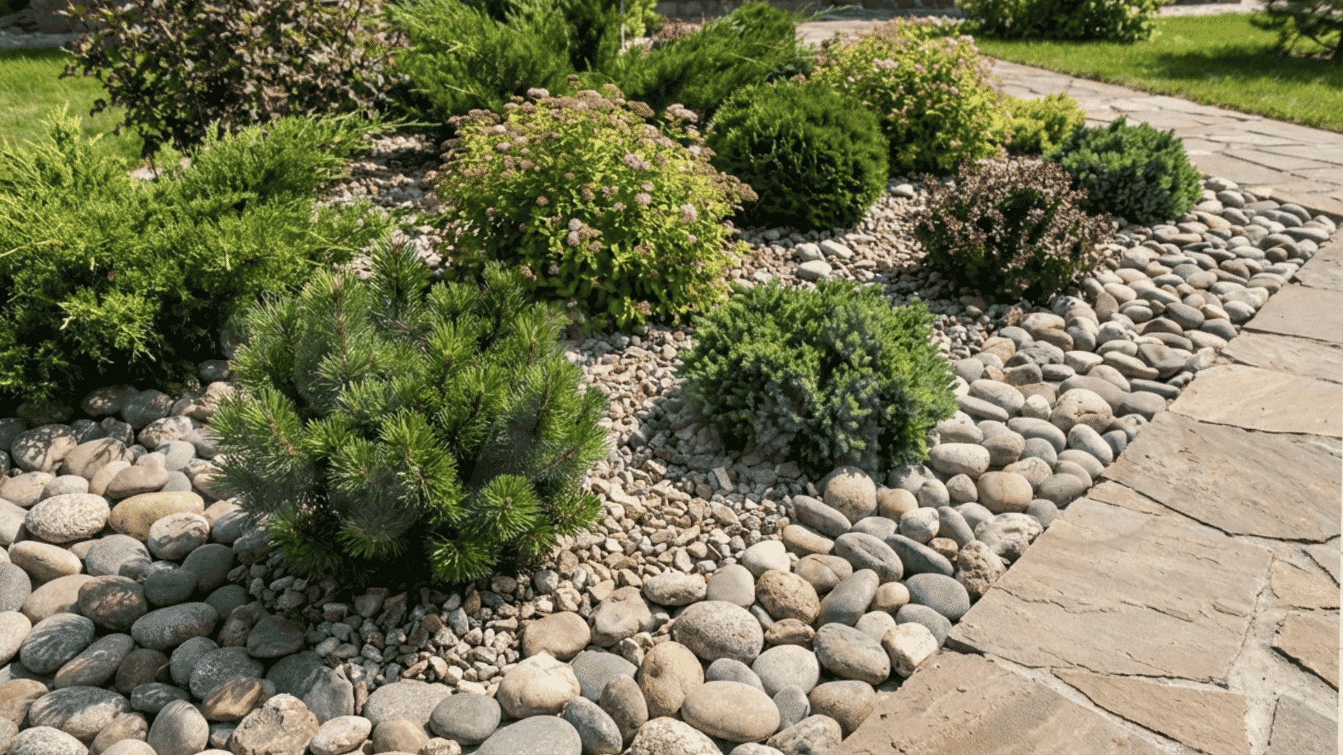 green shrubs planted in pebble landscape beside stone walkway and wooden fence in backyard
