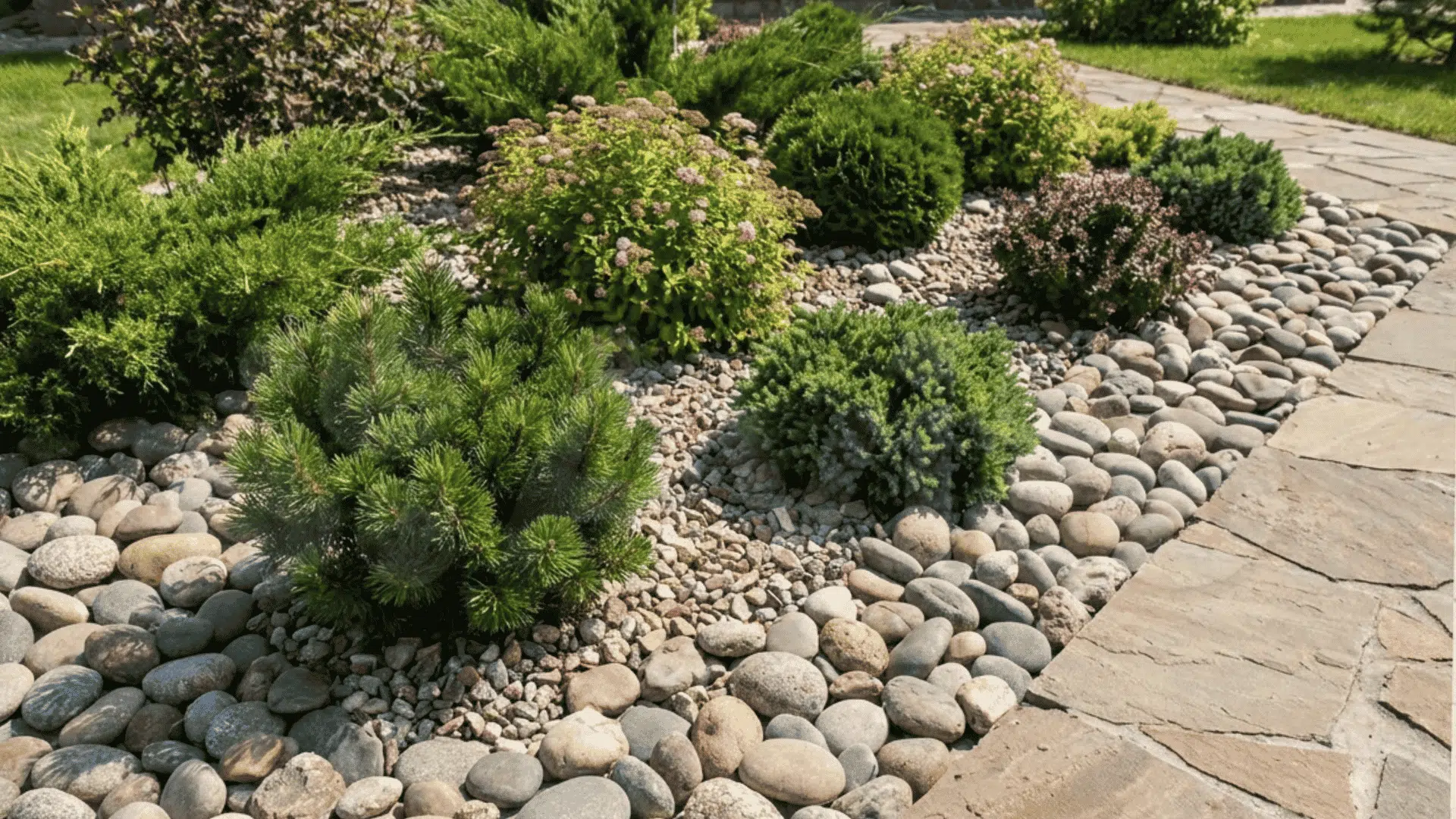green shrubs planted in pebble landscape beside stone walkway and wooden fence in backyard