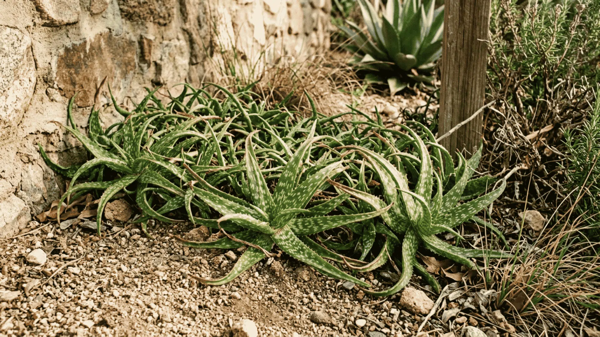 green spotted aloe plants growing in dry soil beside a stone wall with grasses and succulents nearby