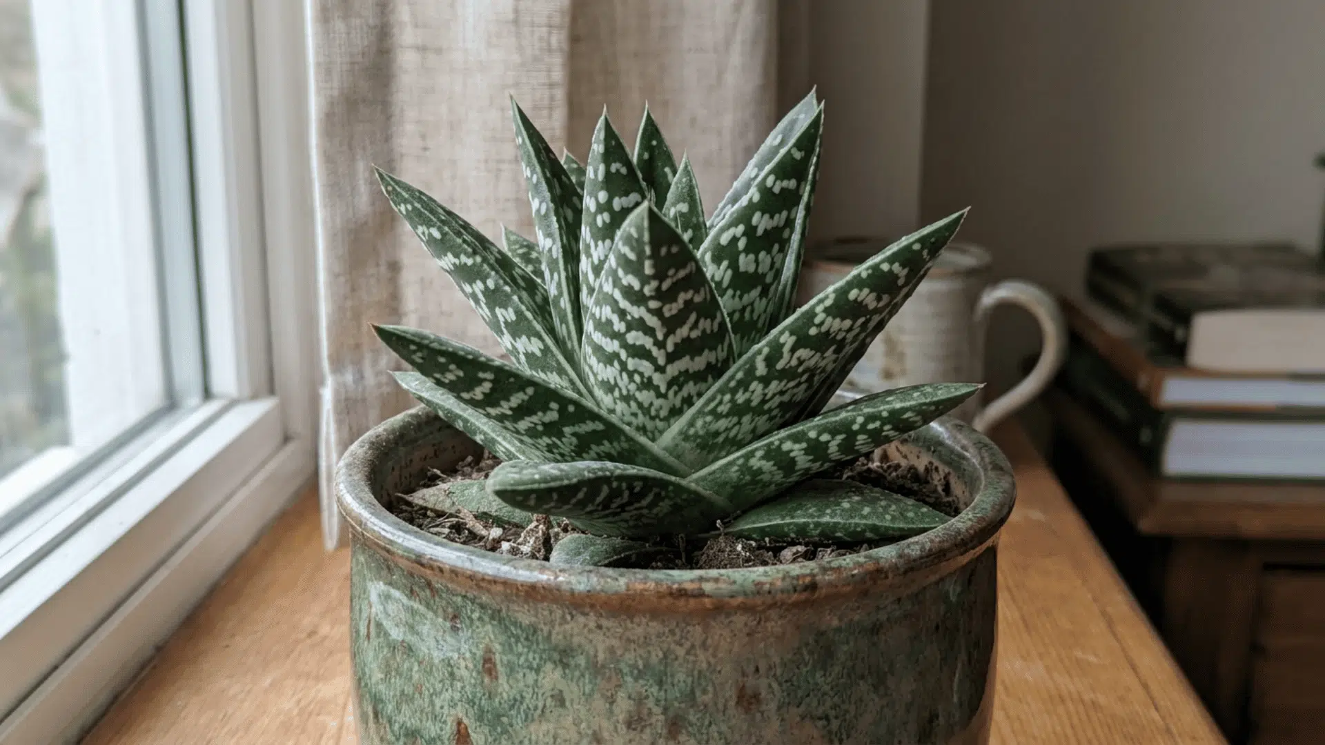 green spotted succulent in a weathered ceramic pot on a wooden windowsill beside a curtain and stacked books
