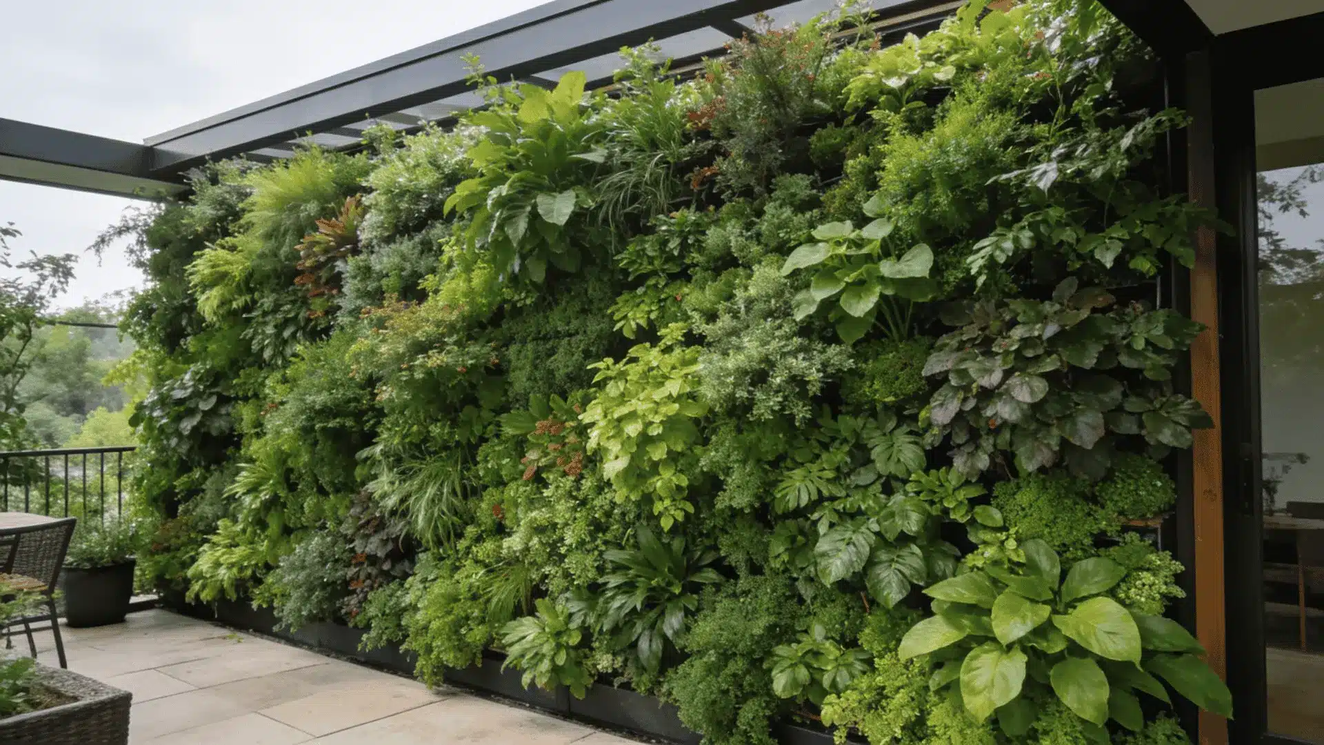 lush vertical garden wall with layered green plants on a tiled patio beside glass doors and a balcony view